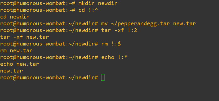 The colon designator uses arguments from a previous command in your bash history