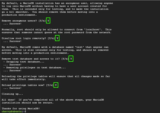 MariaDB secure installation completed