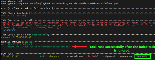 Ansible playbook continues after encountering an error