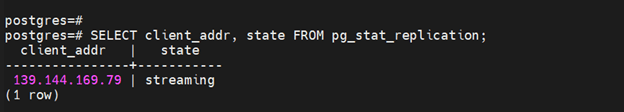 SELECT * FROM pg_stat_replication;