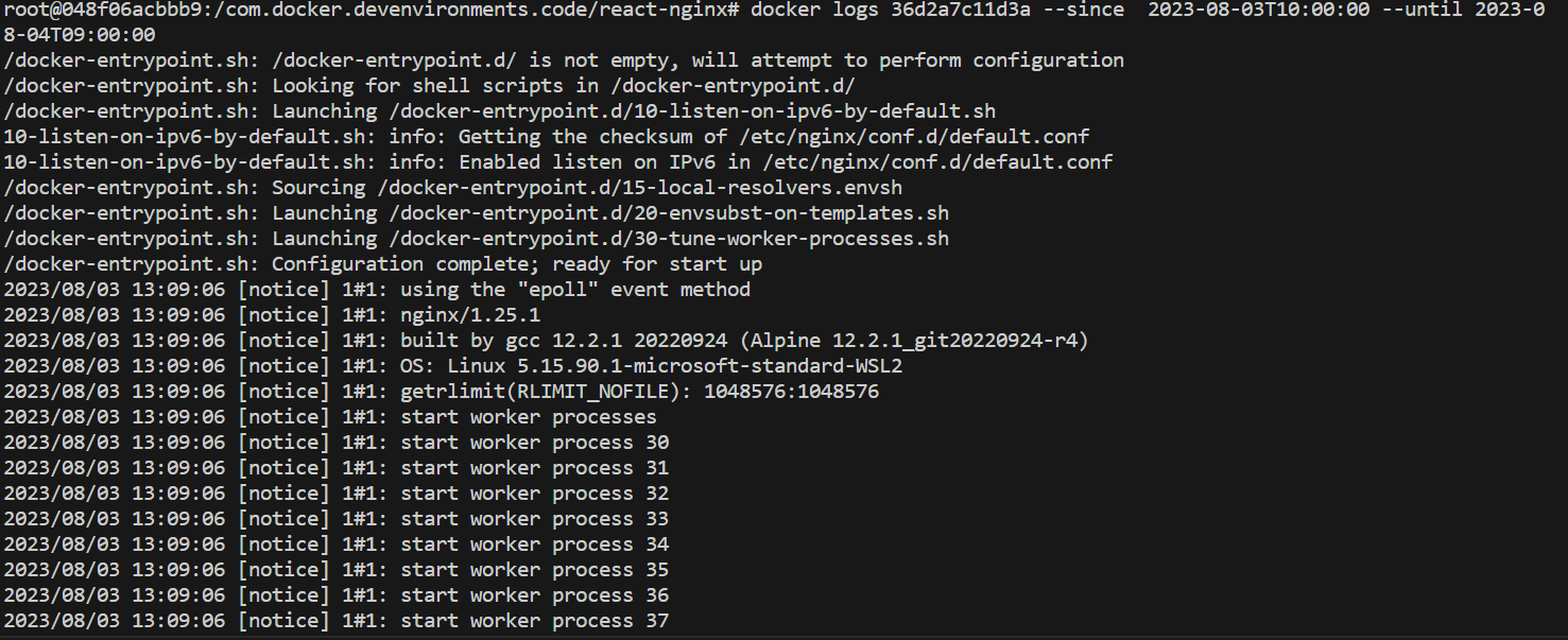 docker logs with --since and --until