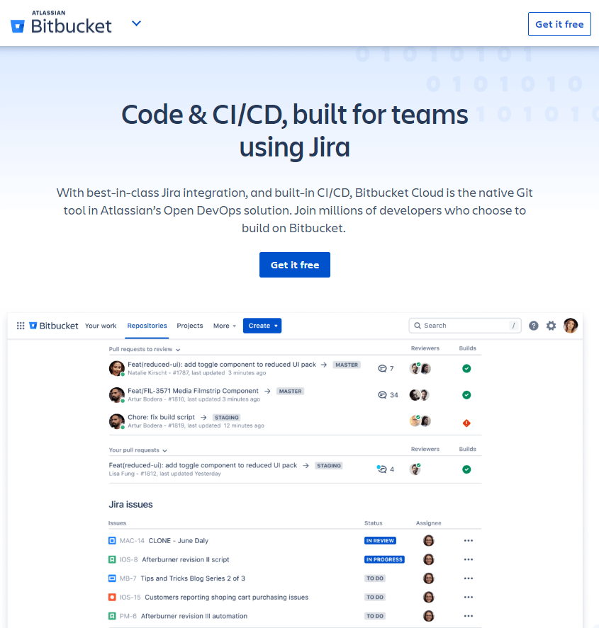 screenshot of Atlassian Bitbucket developer productivity tool for code & CI/CD for teams using Jira