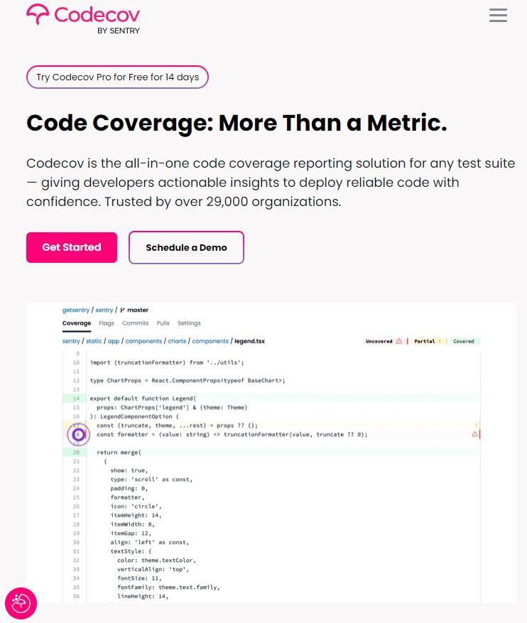 screenshot of Codecov developer productivity tool for code coverage metric tracking