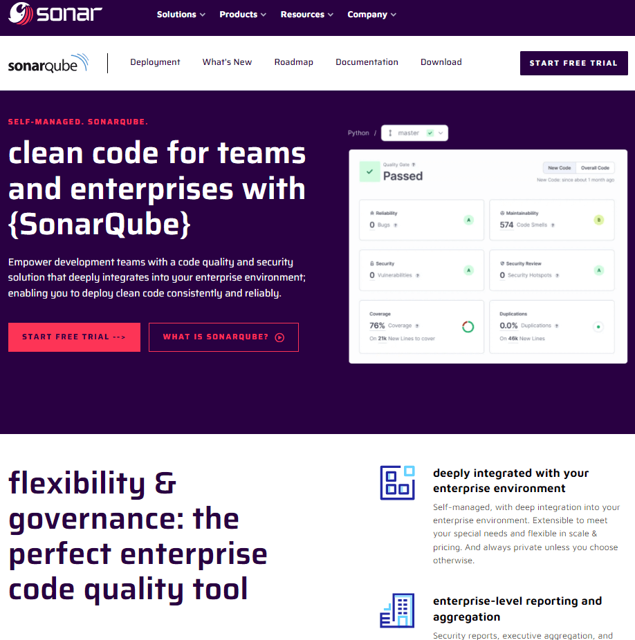 screenshot of SonarQube developer productivity tool for code quality measuring