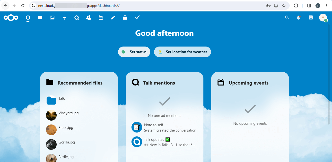 Accessing the Nextcloud dashboard