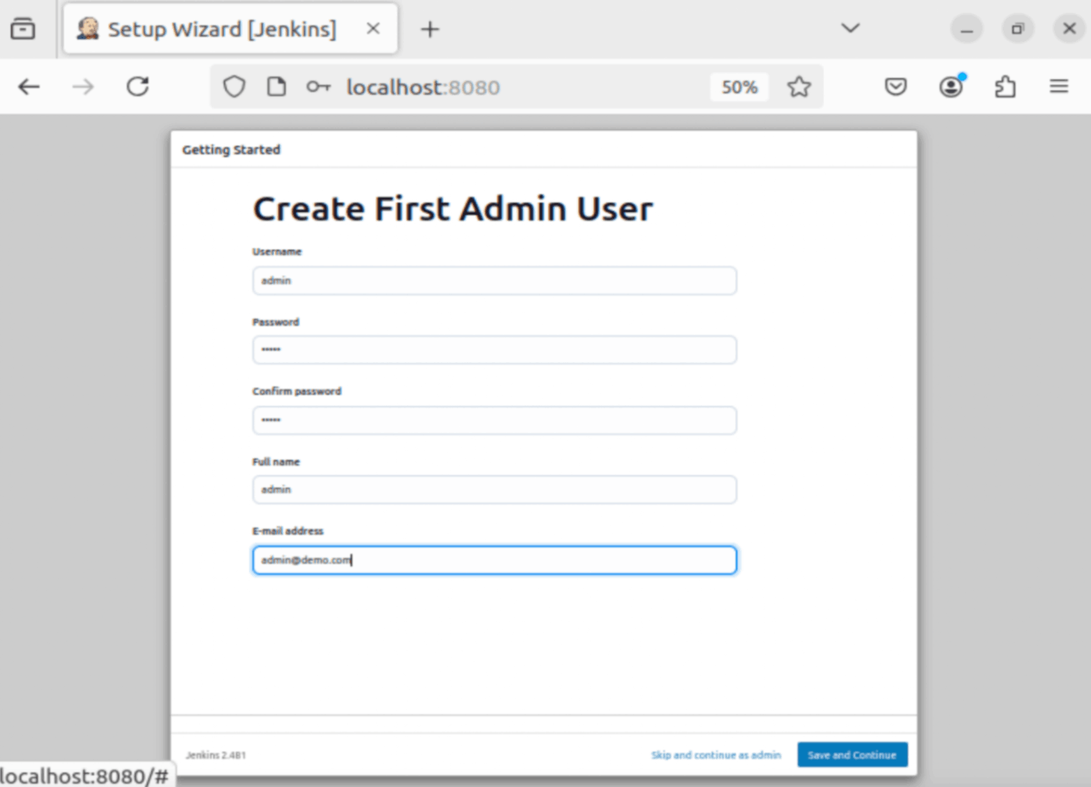 Create first admin user